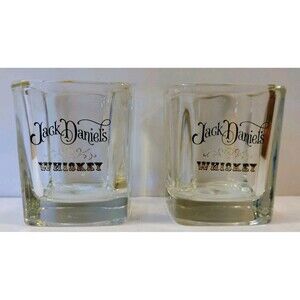 Vintage Jack Daniels Square Whiskey Lowball Glasses Heavy Base Barware Set of 2